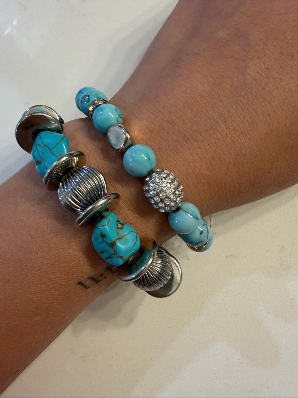 Turquoise Bead & Silver Accent Stretch Bracelets - Set of 2